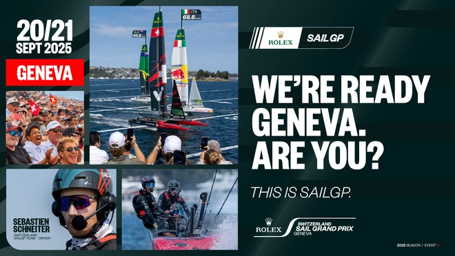 Artwork promoting SailGP, featuring f50 boats, Sebastian Schneiter, and cheering crowds.