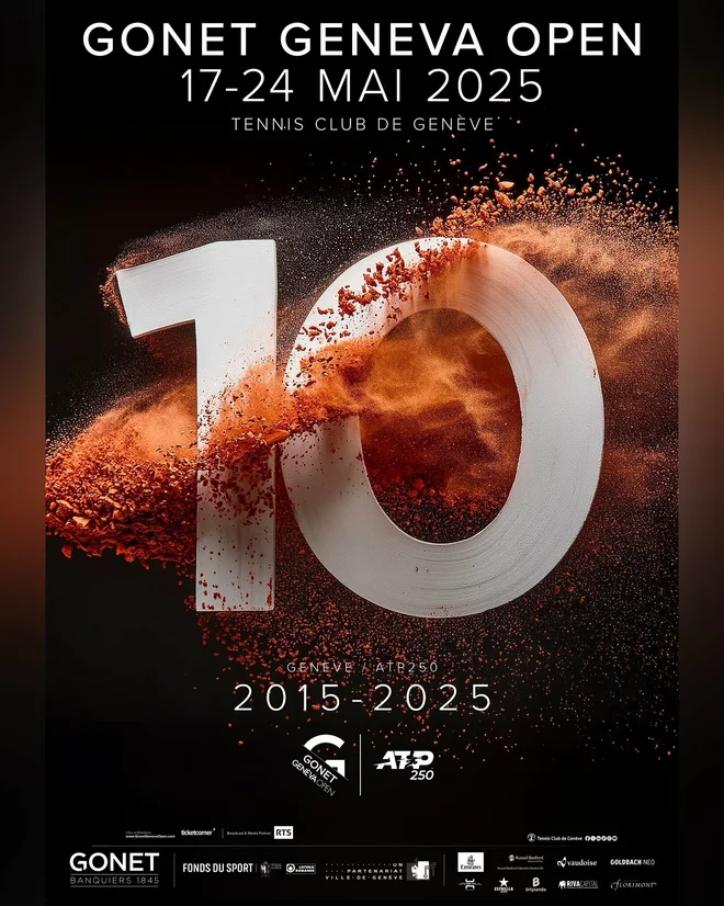 Affiche du Gonet Open Geneva, on peut voir au centre de l'image le numéro 10 sur un fond noir. Il y a des informations essentielles sur l'événement : le lieu, les dates, les partenaires.